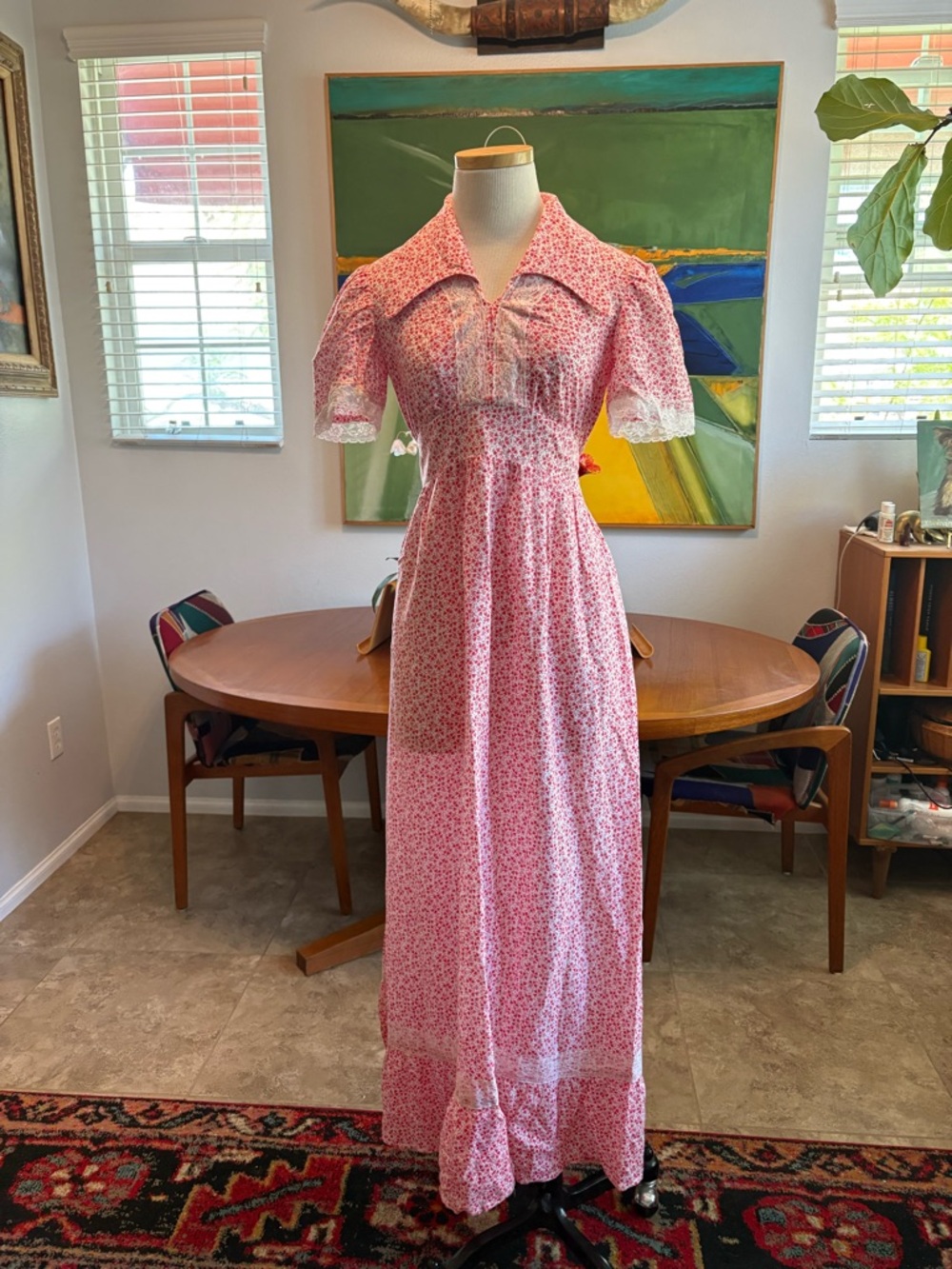 Vintage 60s Pink Floral Prairie Dress with Lace Trim and Butterfly Collar